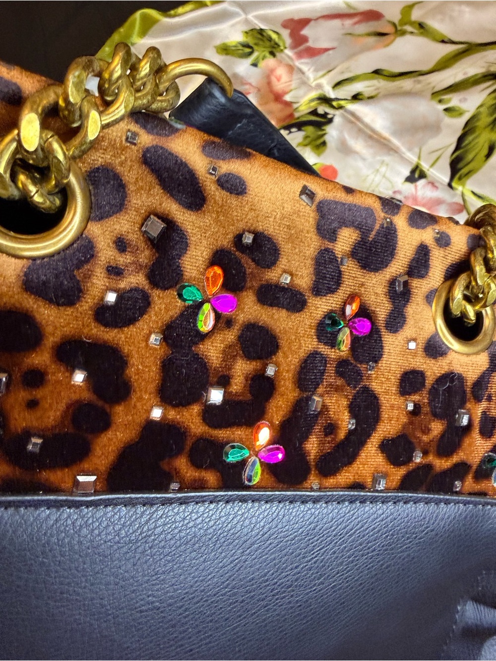 Betsey Johnson Leopard Rhinestone Ruffle Chain Shoulder Bag - Picture 4 of 15